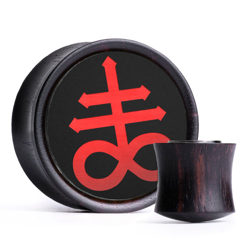 Leviathan Cross Plug / Gauge - Schwarz & Rot Einlage Ebenholz | Konvexer Doppelflansch