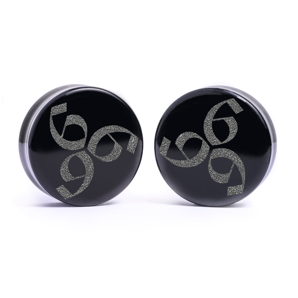 666 Gothic Plug / Gauge - Black Glass | Flat Faced Double Flare - Lasered To Order In House At Custom Plugs HQ