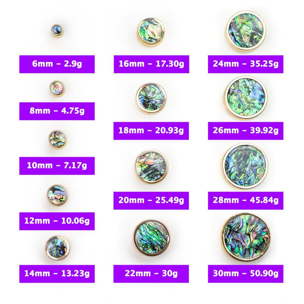 Abalone Inlay Heavy Brass Metal Ear Gauge / Plug - Metal Ear Plugs in 6mm (2g) - 30mm (1.18") Gauge Sizes