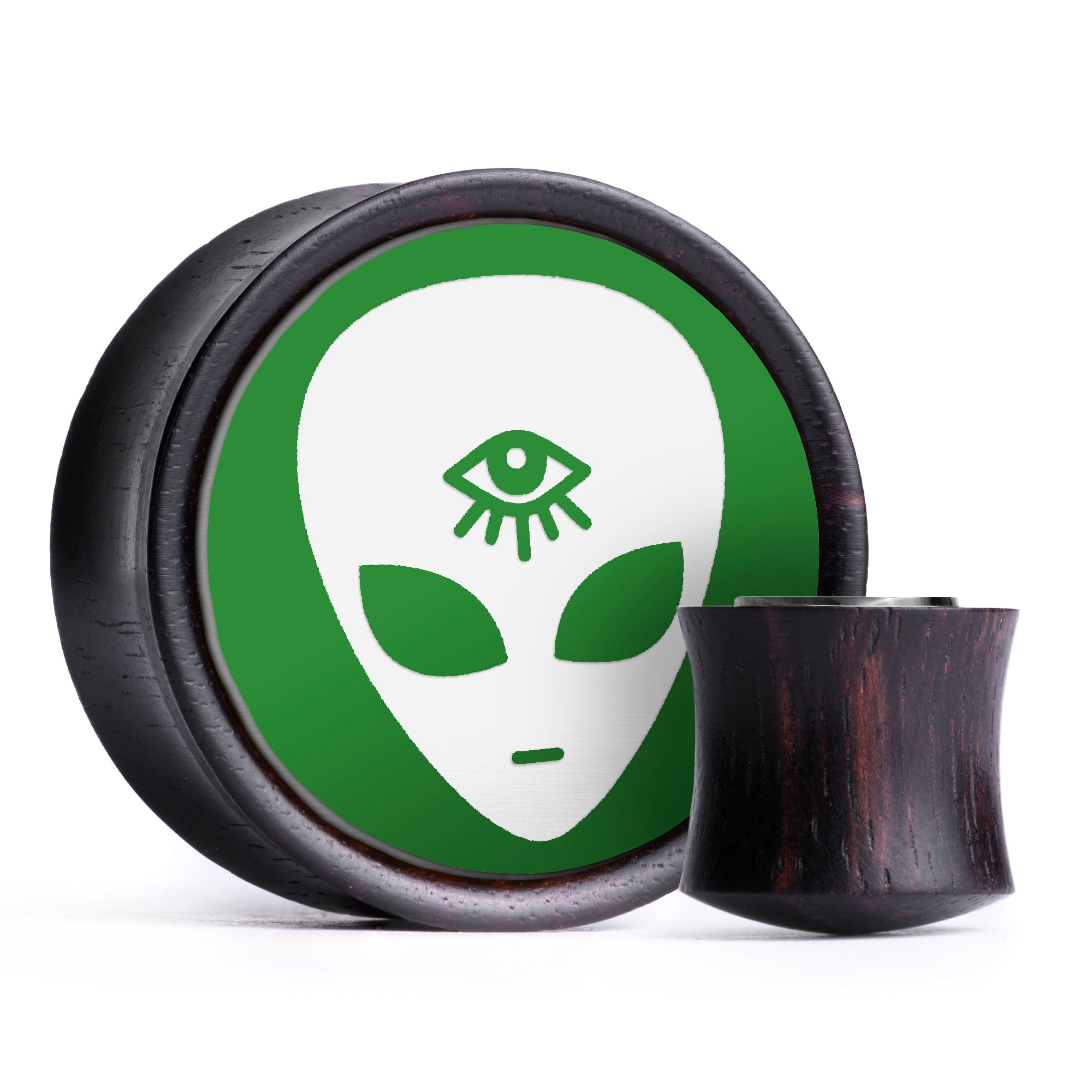 Alien Plug / Gauge - Light Green & White Inlay Ebony Wood | Convex Double Flare
