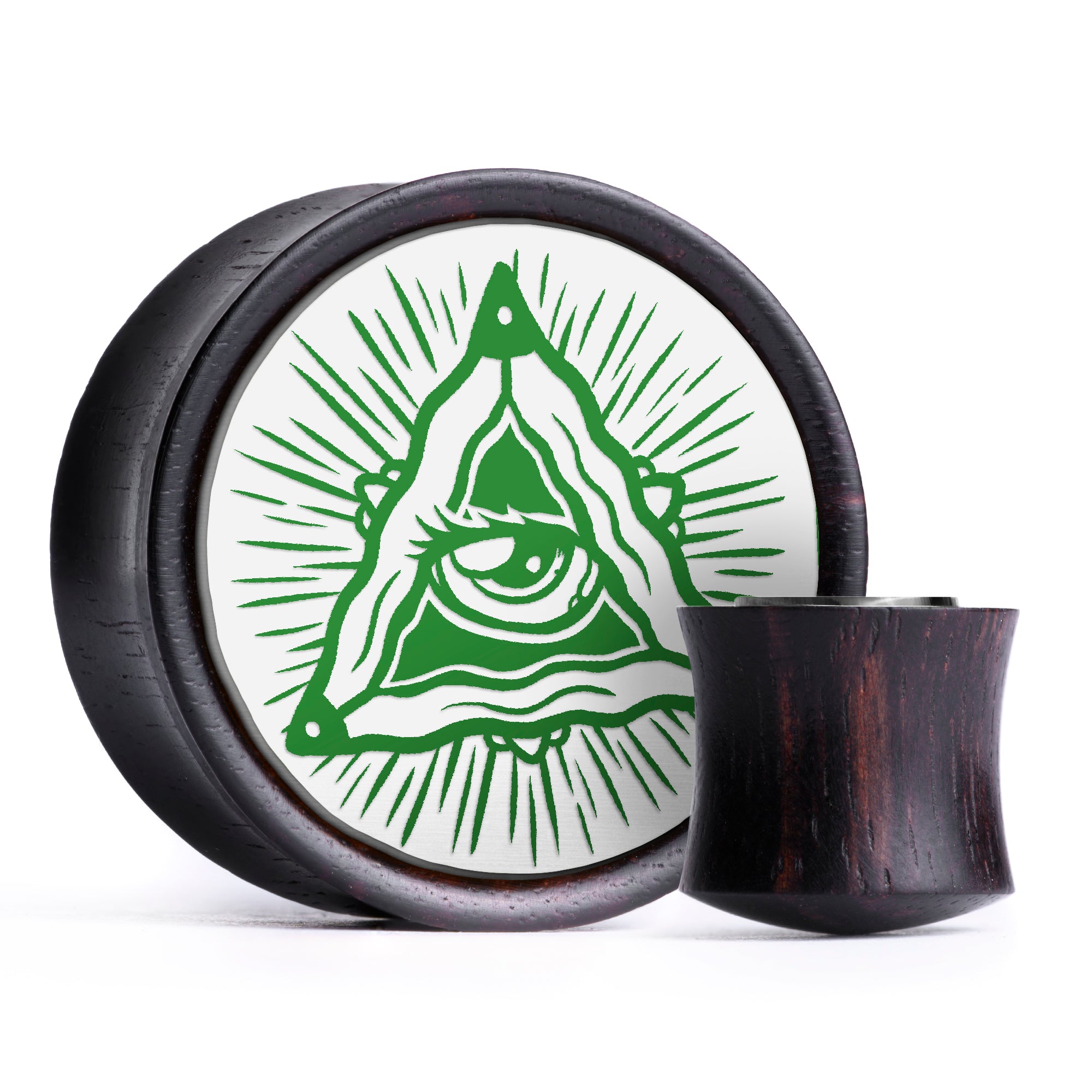 All Seeing Eye Plug / Gauge - Light Green & White Inlay Ebony Wood | Convex Double Flare