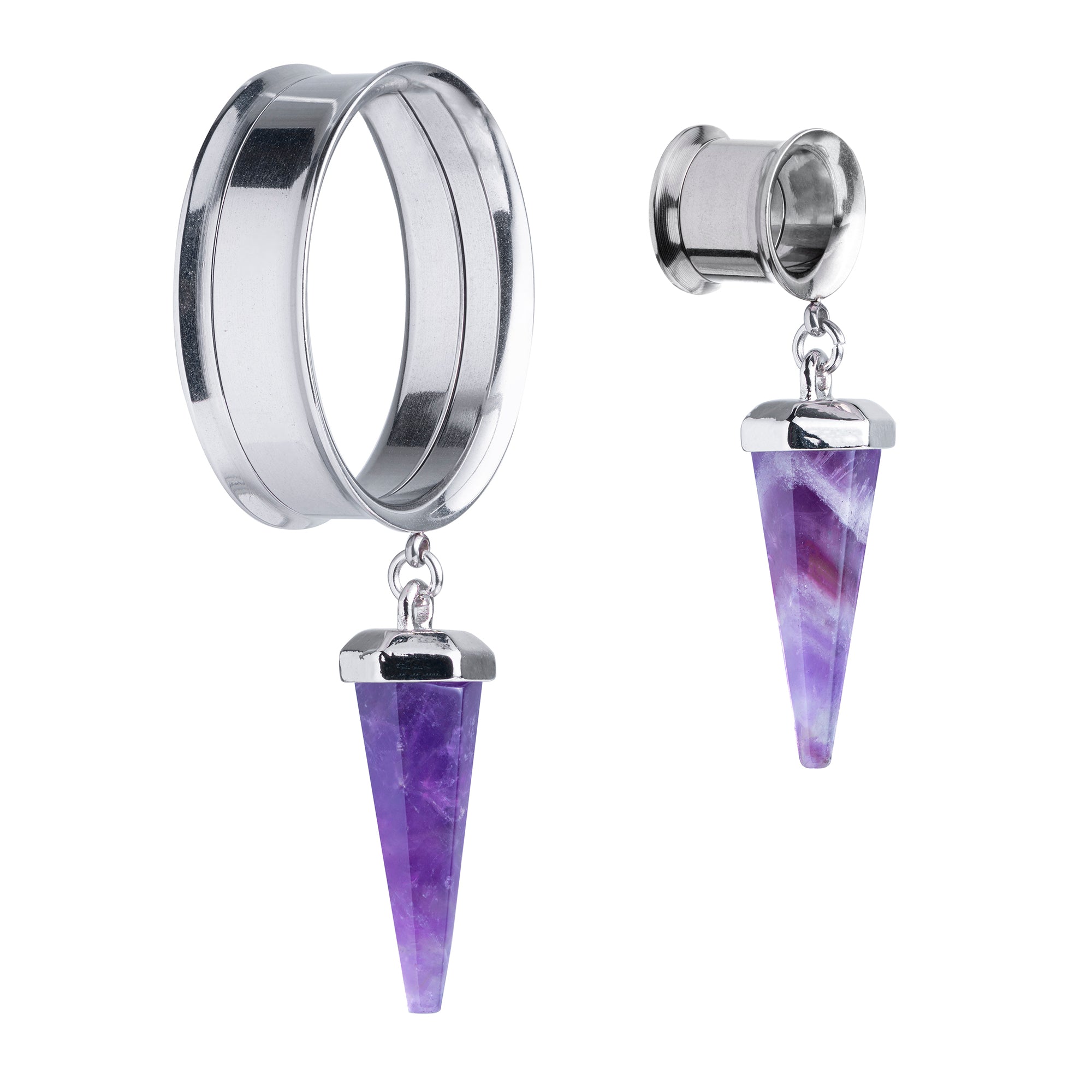 Amethyst Drop Screwback Silver Dangle Ear Tunnels
