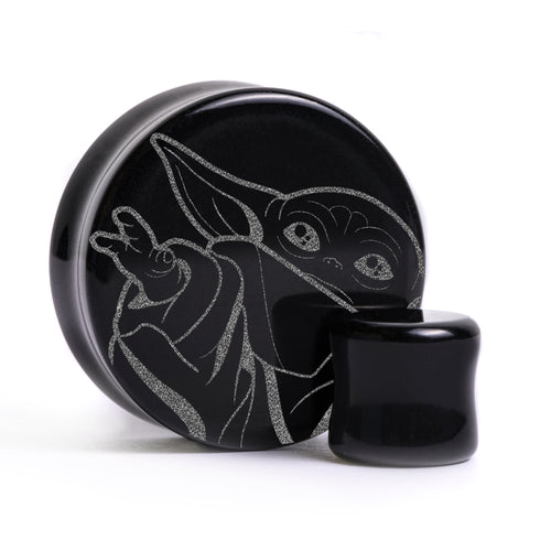 Baby Yoda Plug - Schwarzes Glas | Doppelaufgeweitet mit flachem Gesicht