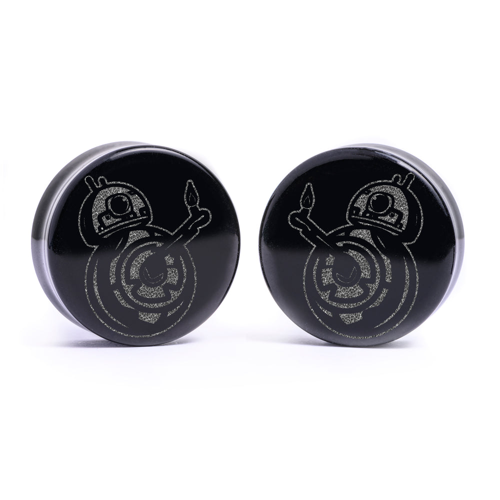 BB8 Plug / Gauge - Black Glass | Flat Faced Double Flare - Lasered To Order In House At Custom Plugs HQ