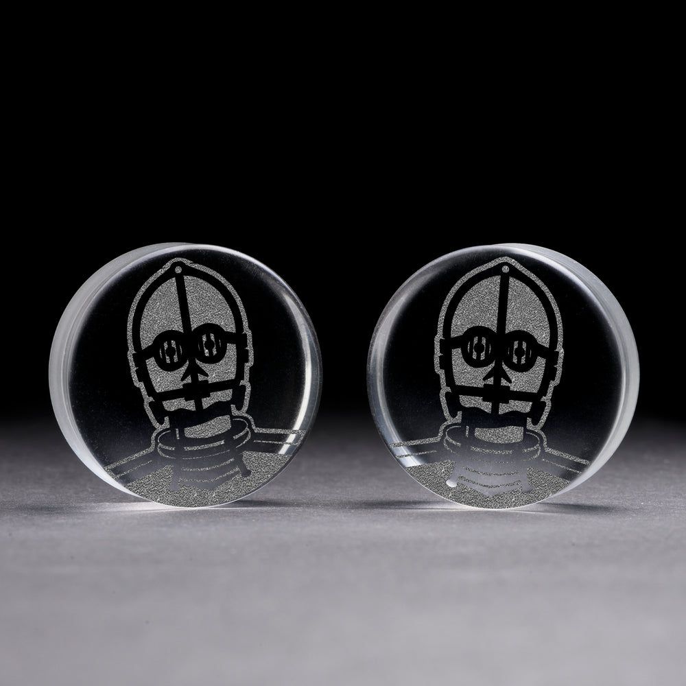C3PO Plug / Gauge - Clear Glass | Flat Faced Double Flare - Lasered To Order In House At Custom Plugs HQ