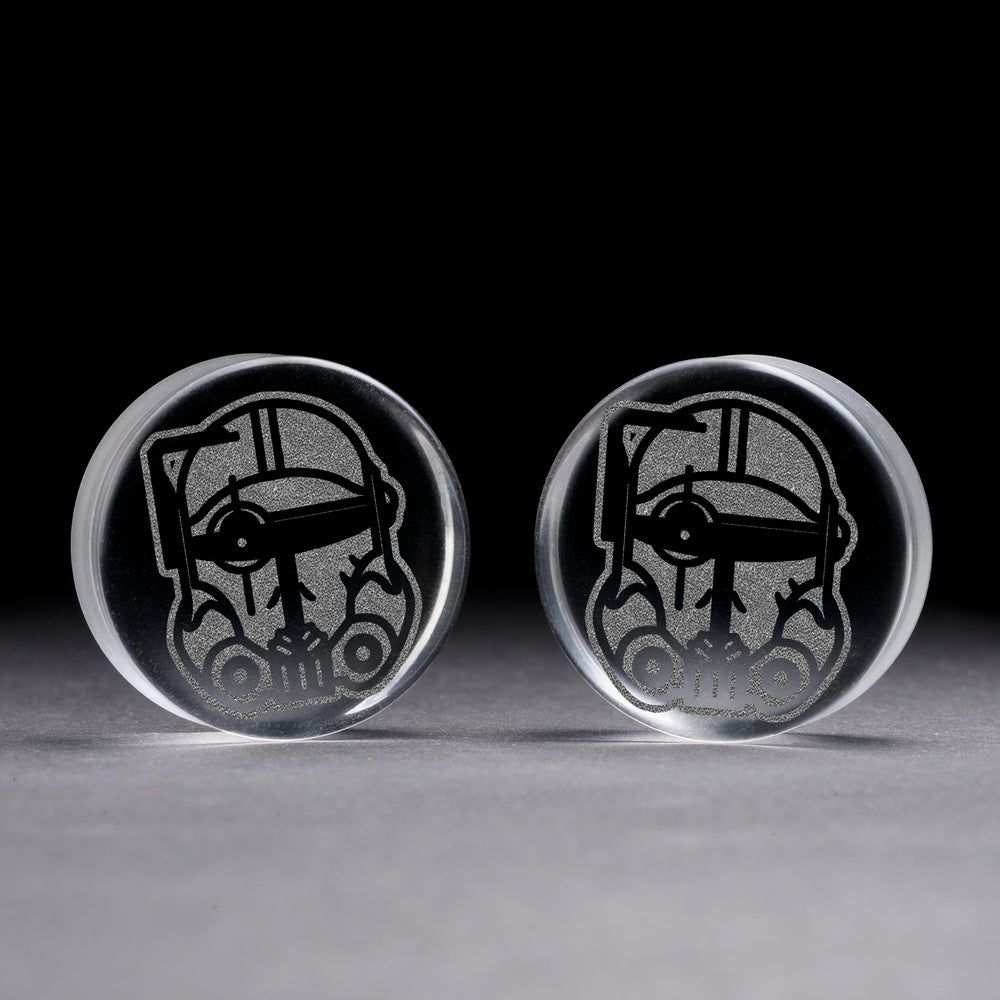 Crosshair Bad Batch Helmet Plug / Gauge - Clear Glass | Flat Faced Double Flare - Lasered To Order In House At Custom Plugs HQ