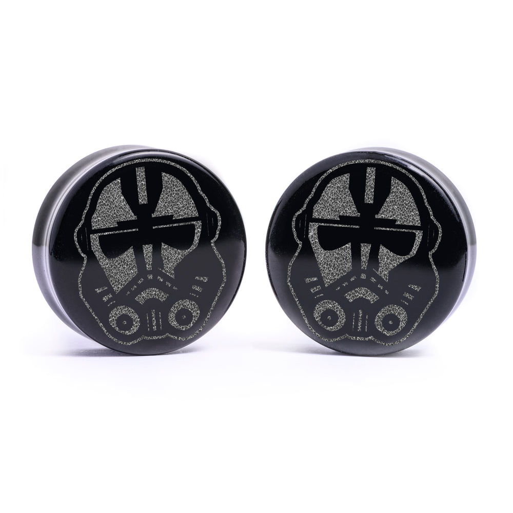 Hunter Bad Batch Helmet Plug / Gauge - Black Glass | Flat Faced Double Flare - Lasered To Order In House At Custom Plugs HQ