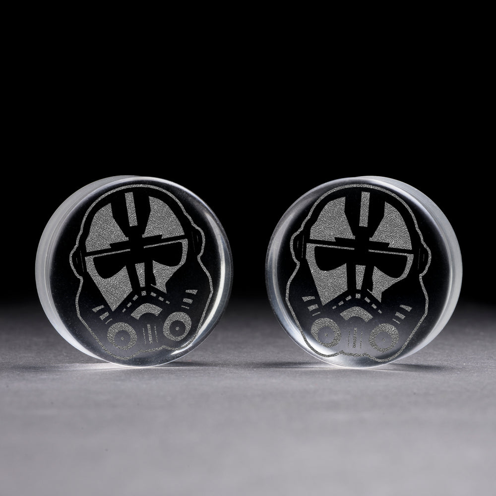 Hunter Bad Batch Helmet Plug / Gauge - Clear Glass | Flat Faced Double Flare - Lasered To Order In House At Custom Plugs HQ