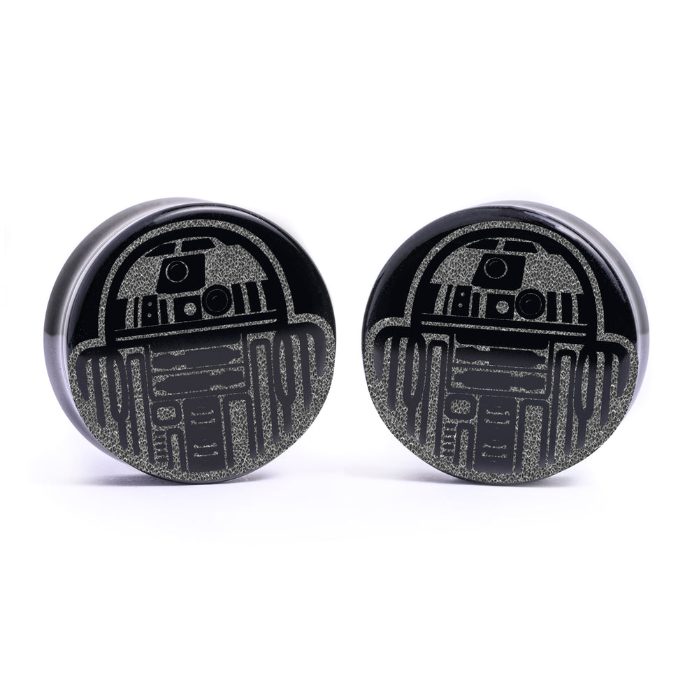 R2D2 Plug / Gauge - Black Glass | Flat Faced Double Flare - Lasered To Order In House At Custom Plugs HQ