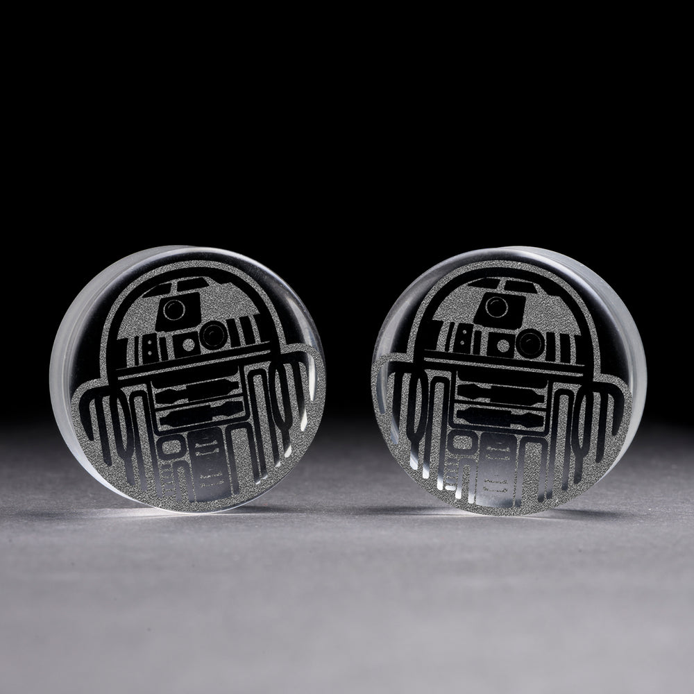R2D2 Plug / Gauge - Clear Glass | Flat Faced Double Flare - Lasered To Order In House At Custom Plugs HQ
