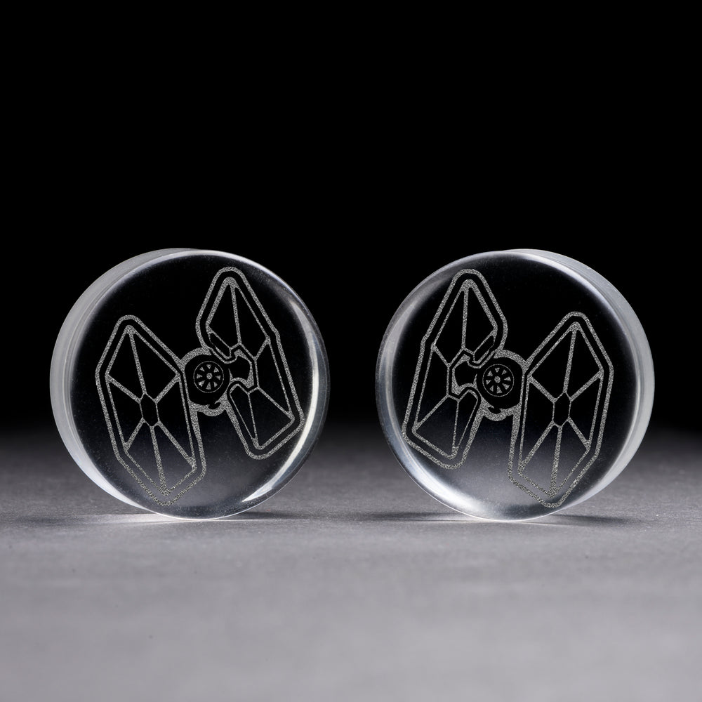 Tie Fighter Plug / Gauge - Clear Glass | Flat Faced Double Flare - Lasered To Order In House At Custom Plugs HQ
