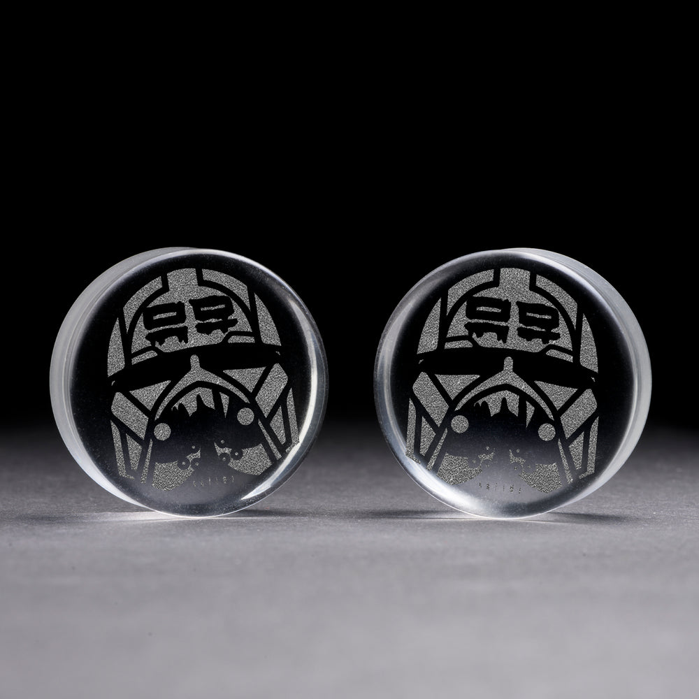 Wrecker Bad Batch Helmet Plug / Gauge - Clear Glass | Flat Faced Double Flare - Lasered To Order In House At Custom Plugs HQ