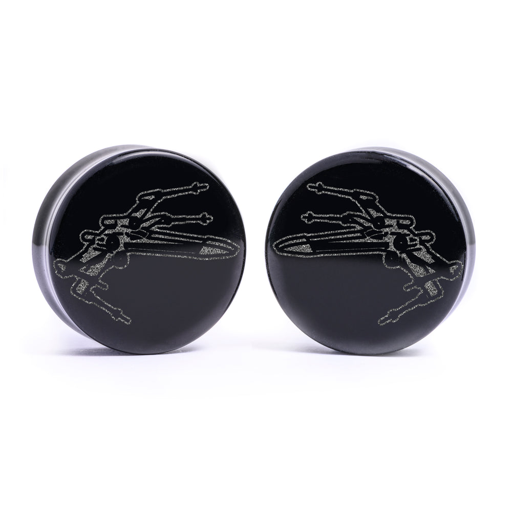 X-Wing Plug / Gauge - Black Glass | Flat Faced Double Flare - Lasered To Order In House At Custom Plugs HQ