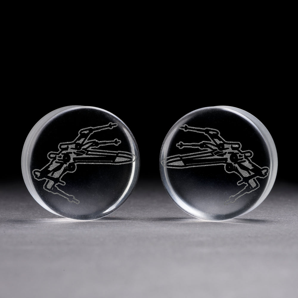 X-Wing Plug / Gauge - Clear Glass | Flat Faced Double Flare - Lasered To Order In House At Custom Plugs HQ