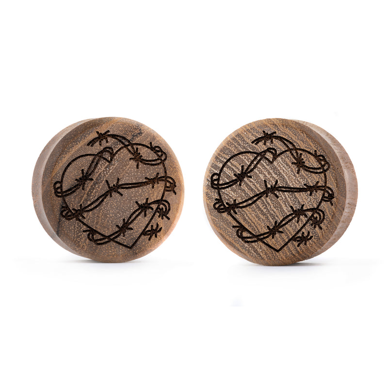 Plug / Gauge Cœur en fil barbelé - Bois de teck | Face plate double évasé