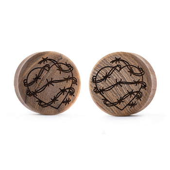 Barbed Wire Heart Plug / Gauge - Teak Wood | Flat Faced Double Flare