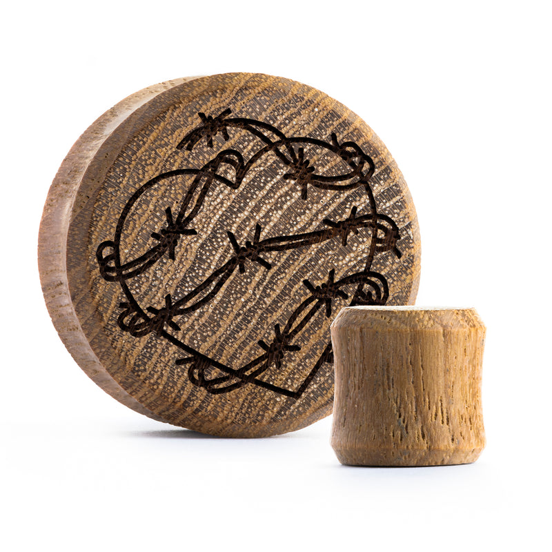 Plug / Gauge Cœur en fil barbelé - Bois de teck | Face plate double évasé