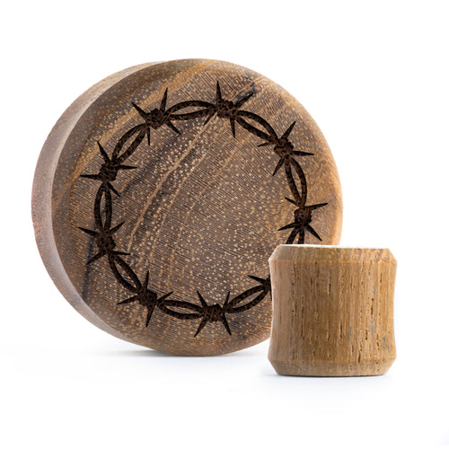Barbed Wire Plug / Gauge - Teak Wood | Flat Faced Double Flare