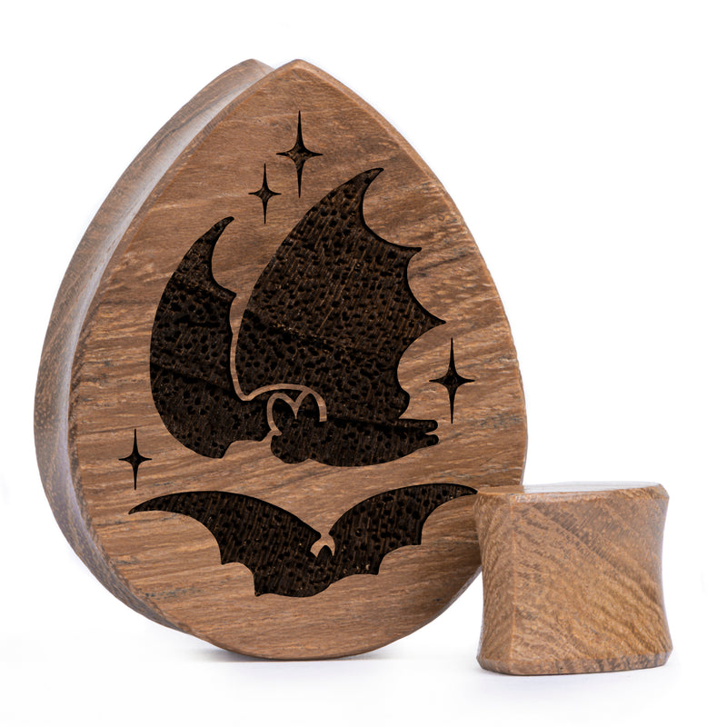 Plug / Gauge Chauve-souris - Bois de teck en goutte | Face plate double évasé