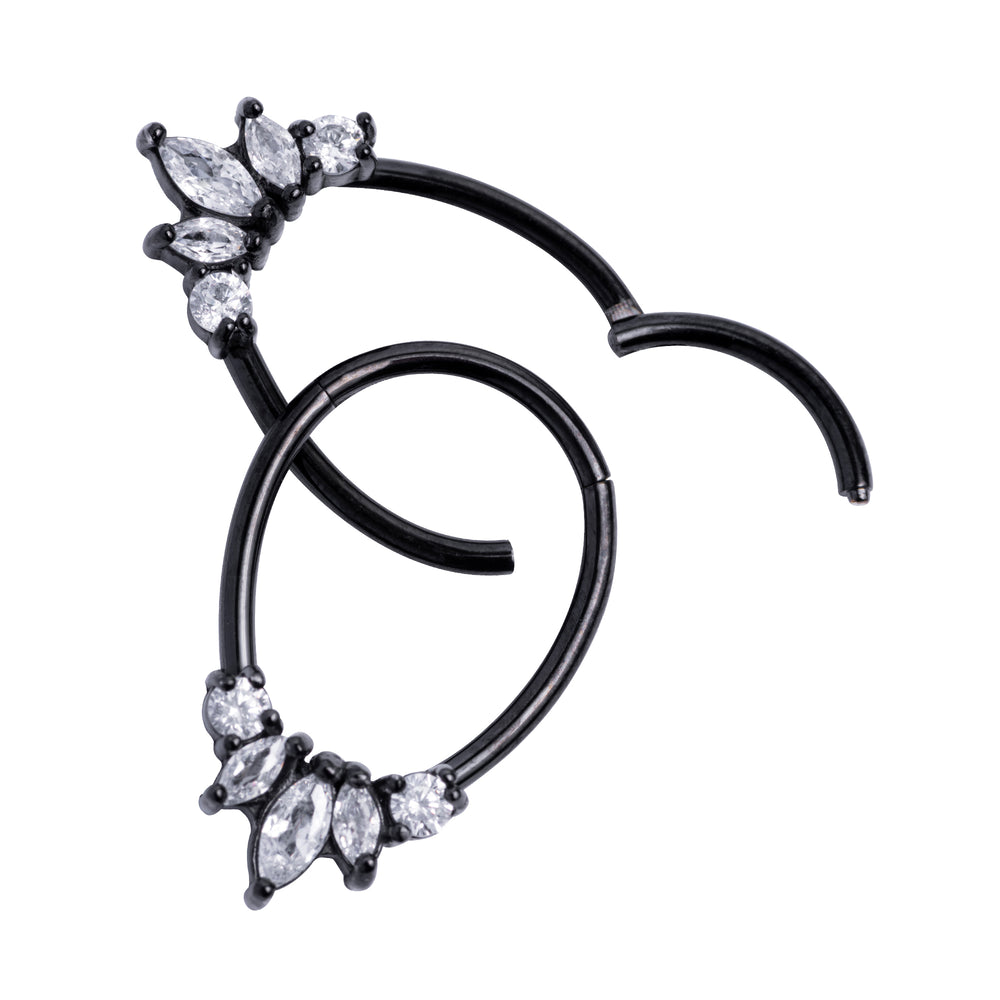 Surgical Steel Oval Hinged Jewelled Septum Ring 1.2mm Gauge in Black with Clear Gems - Bejewelled Septum Ring for Piercings - 8mm/10mm