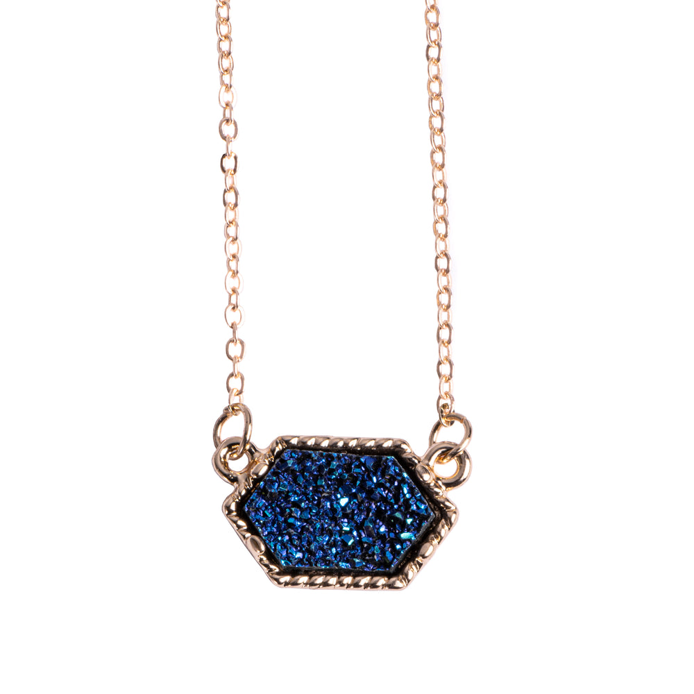 A blue and gold druzy necklace with a gold-plated chain, displayed against a white background.