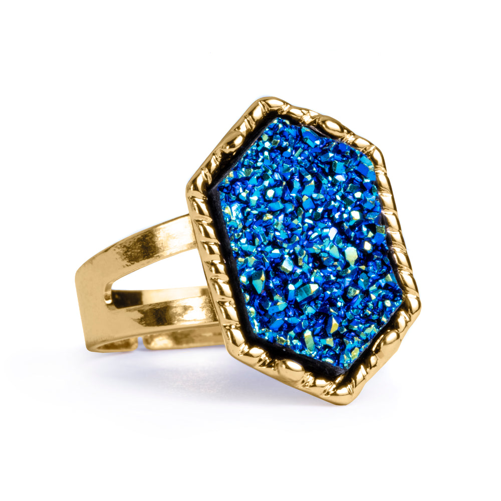 Blue & Gold Druzy Ring - Adjustable Alloy Stone Ring