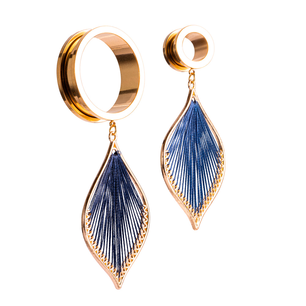Blue Gold Steel Dangle Feather Plug Tunnel Gauge Custom Plugs