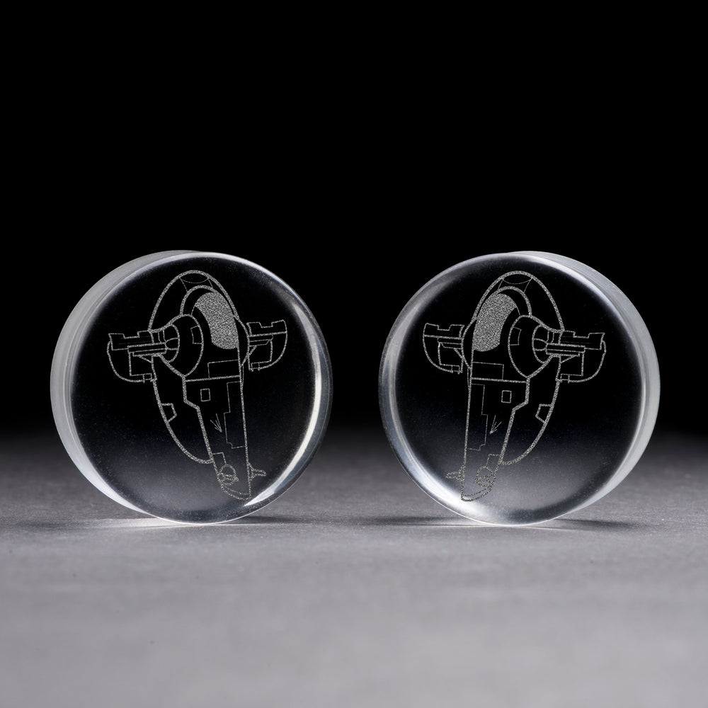 Boba Fett Ship Plug - Clear Glass | Flat Faced Double Flare - Lasered To Order In House At Custom Plugs HQ