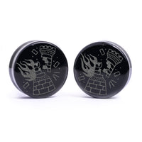 Plug / Gauge Tatouage corbeau en flammes - Verre noir | Face plate double évasé