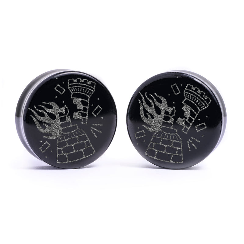 Plug / Gauge Tatouage corbeau en flammes - Verre noir | Face plate double évasé
