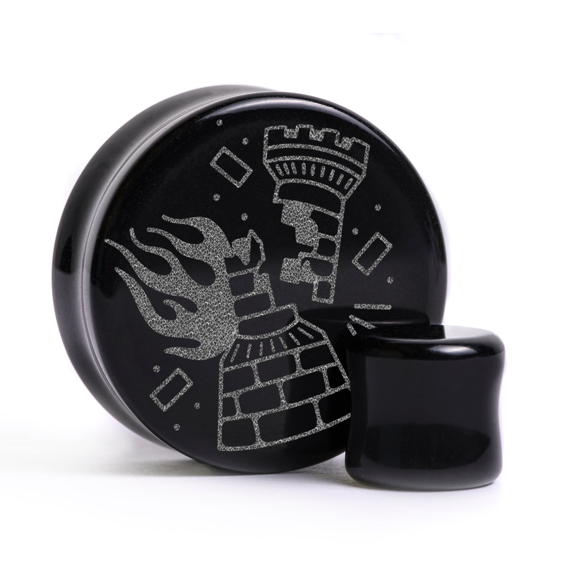 Burning Rook Tattoo Plug / Gauge - Black Glass | Flat Faced Double Flare
