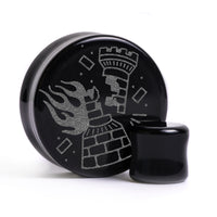 Plug / Gauge Tatouage corbeau en flammes - Verre noir | Face plate double évasé