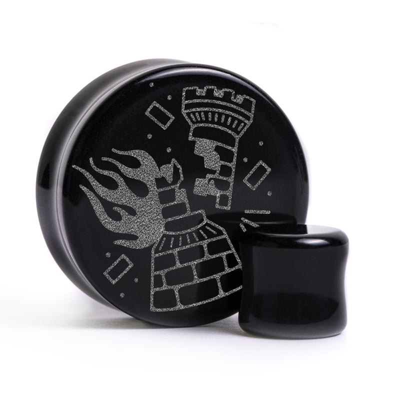 Plug / Gauge Tatouage corbeau en flammes - Verre noir | Face plate double évasé