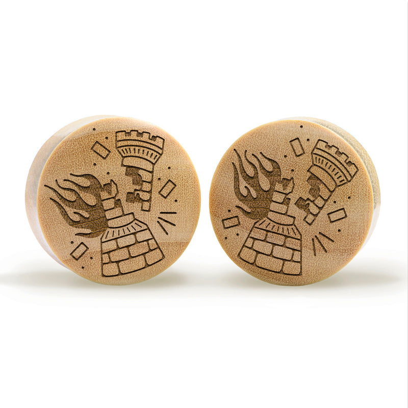 Plug / Gauge Tatouage corbeau en flammes - Bois de crocodile | Convexe double évasé
