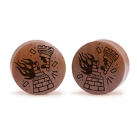 Plug / Gauge Tatouage corbeau en flammes - Bois de Saba | Convexe double évasé