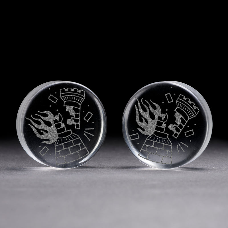 Plug / Gauge Tatouage corbeau en flammes - Verre transparent | Face plate double évasé