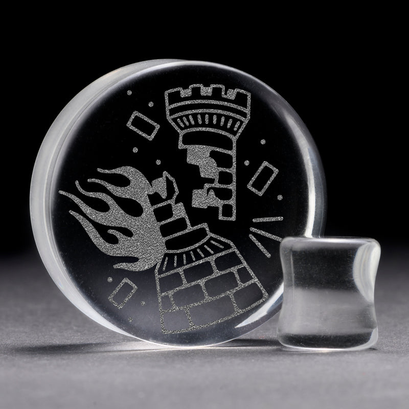 Plug / Gauge Tatouage corbeau en flammes - Verre transparent | Face plate double évasé