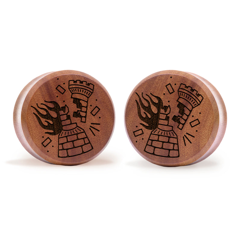 Plug / Gauge Tatouage corbeau en flammes - Bois de Saba | Face plate double évasé