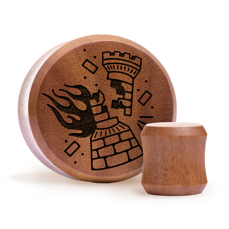 Plug / Gauge Tatouage corbeau en flammes - Bois de Saba | Face plate double évasé