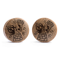 Plug / Gauge Tatouage corbeau en flammes - Bois de teck | Convexe double évasé