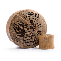 Plug / Gauge Tatouage corbeau en flammes - Bois de teck | Convexe double évasé
