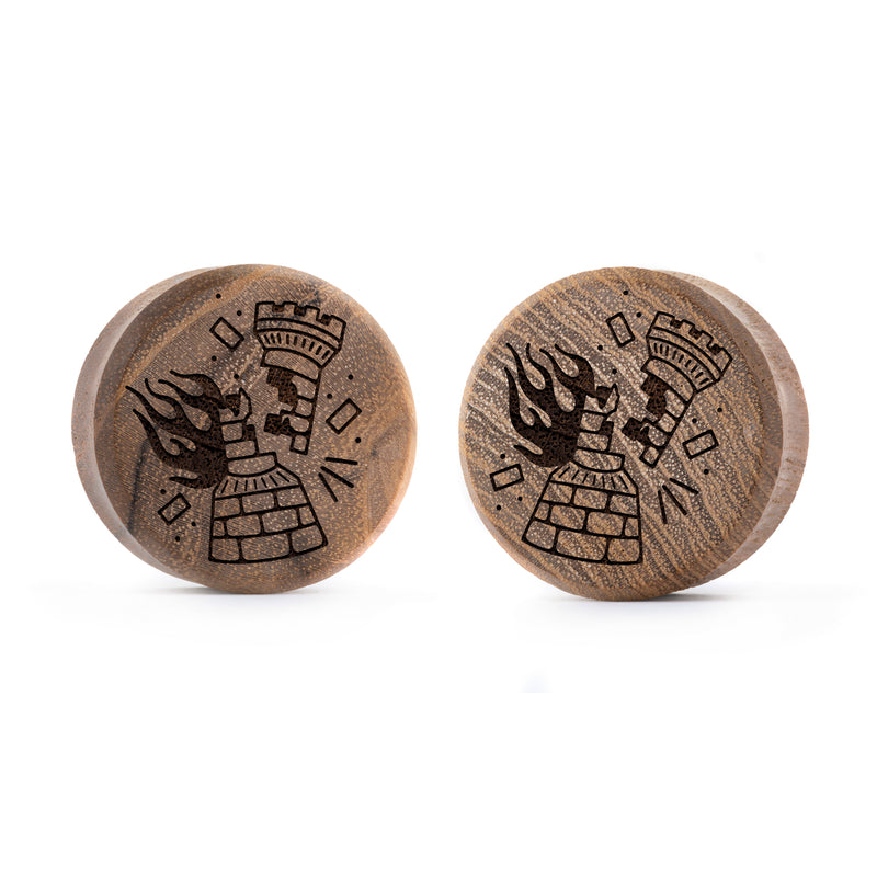 Plug / Gauge Tatouage corbeau en flammes - Bois de teck | Face plate double évasé
