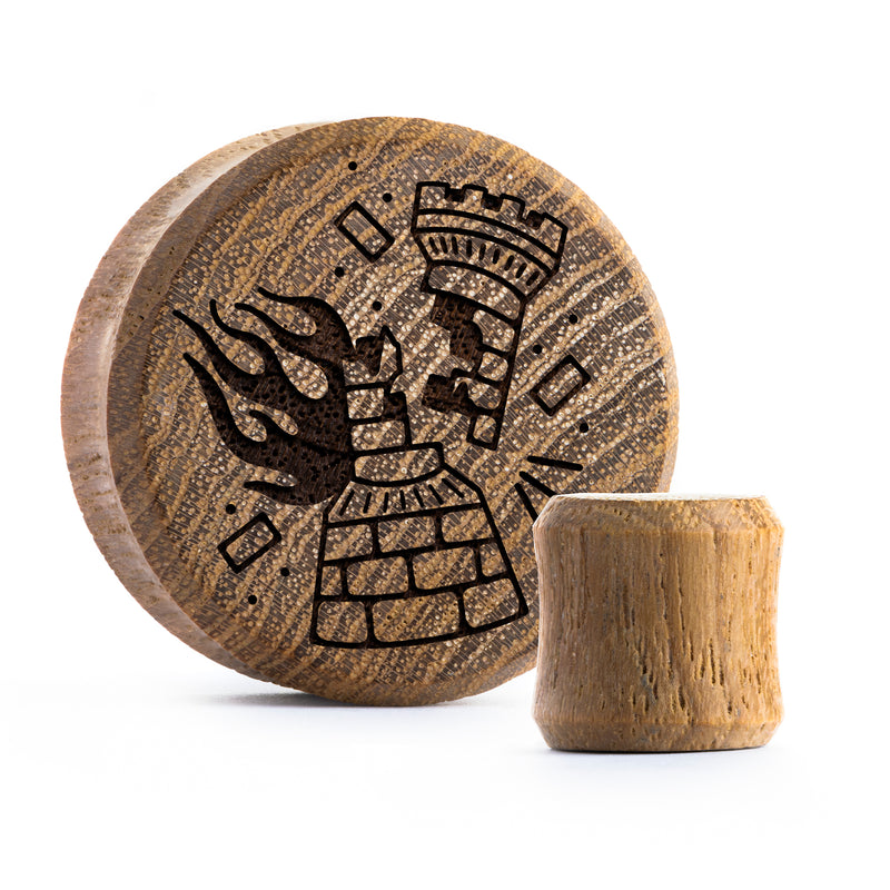 Plug / Gauge Tatouage corbeau en flammes - Bois de teck | Face plate double évasé