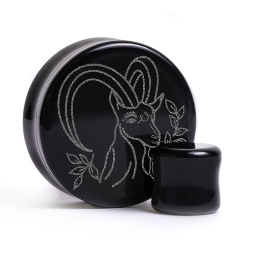 Steinbock -plug / gauge - Schwarzes Glas | Doppelaufgeweitet mit flachem Gesicht