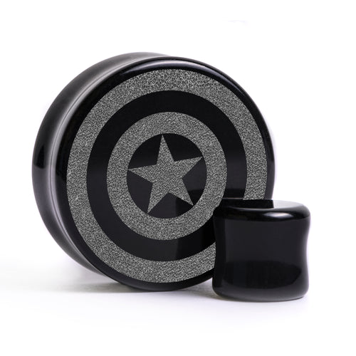 Captain America Plug / gauge - Schwarzes Glas | Doppelaufgeweitet mit flachem Gesicht