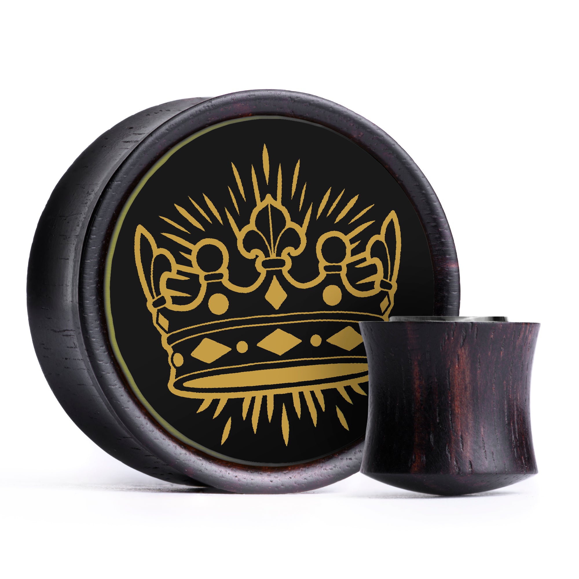 Crown Plug/Messgerät – Schwarzes und goldenes Inlay aus Ebenholz | Konvexe Doppelflare