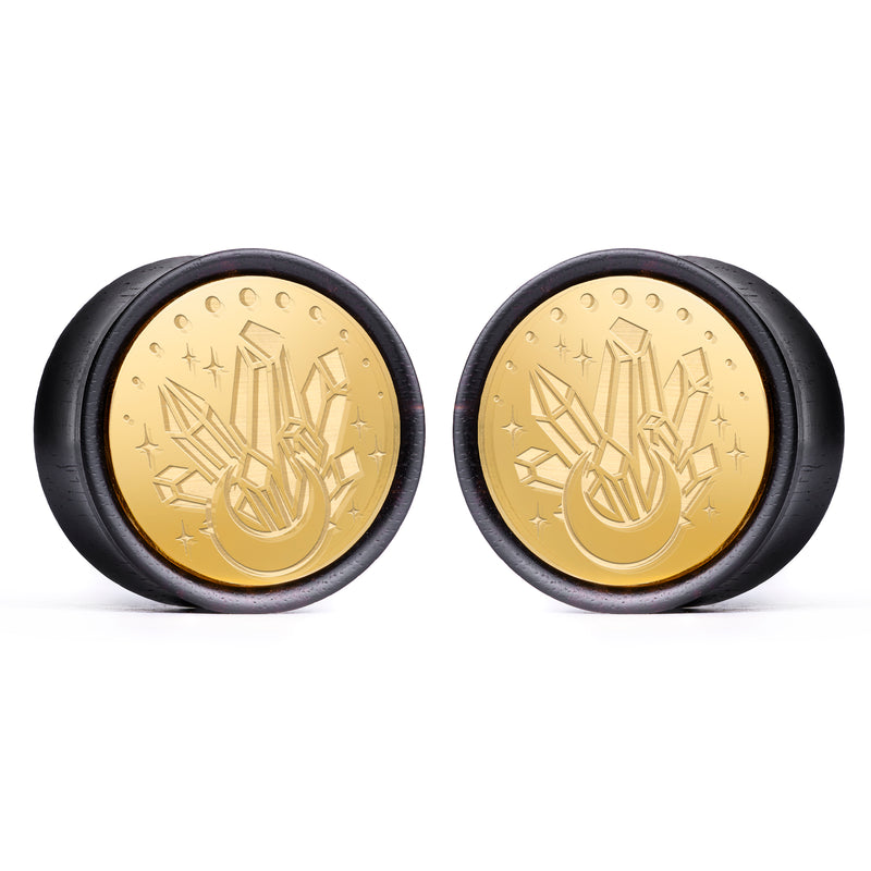 Plug / Gauge Lune de cristal - Bois d'ébène incrustation doré | Convexe double évasé