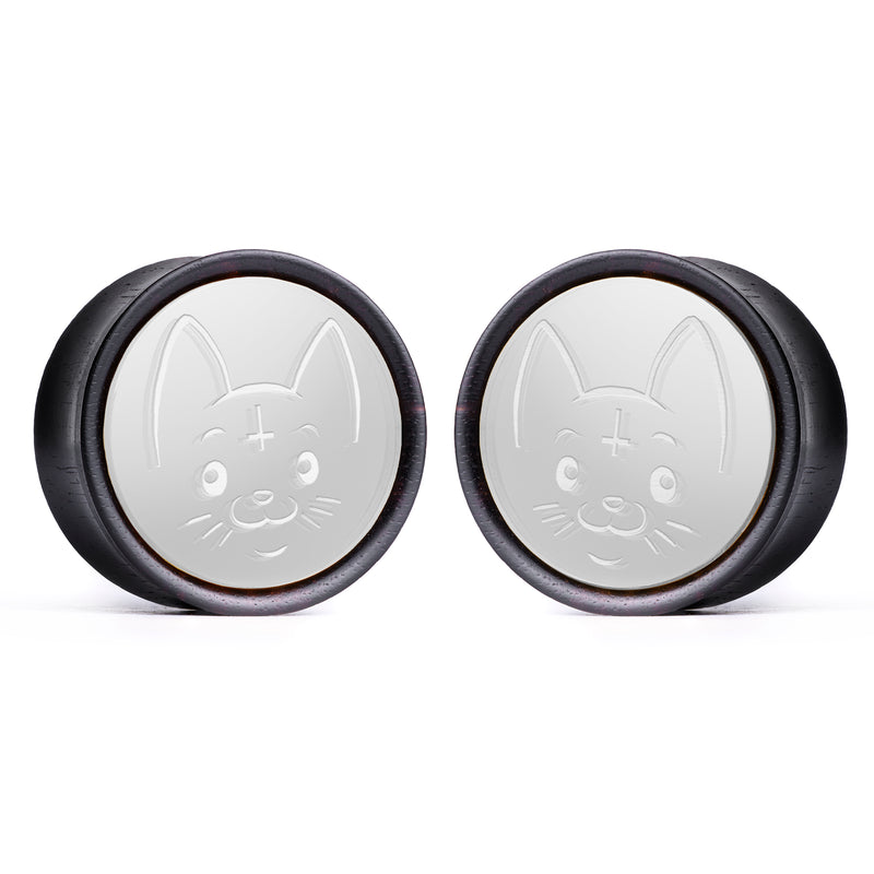 Plug / Gauge Chat occulte - Bois d'ébène incrustation argenté | Convexe double évasé