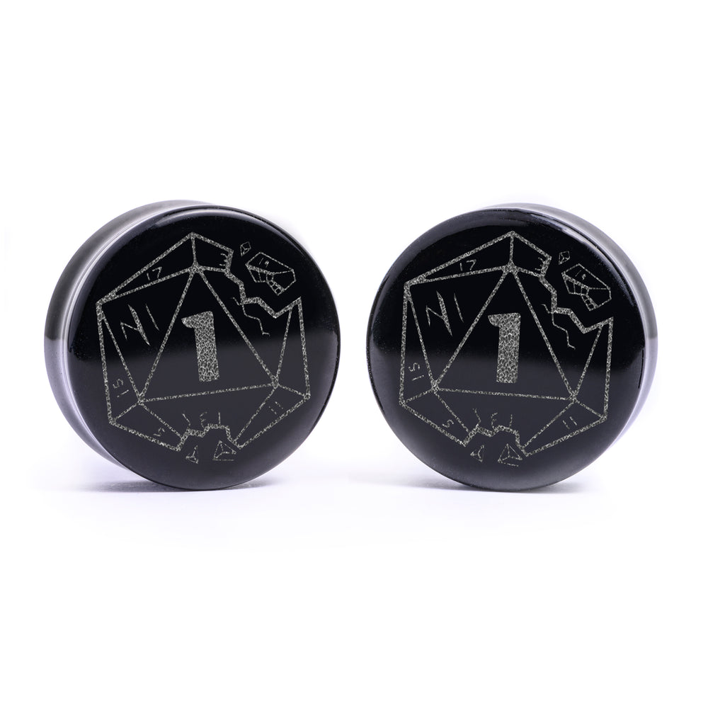 Nat1 Die D&D Plug / Gauge - Black Glass | Flat Faced Double Flare - Lasered To Order In House At Custom Plugs HQ