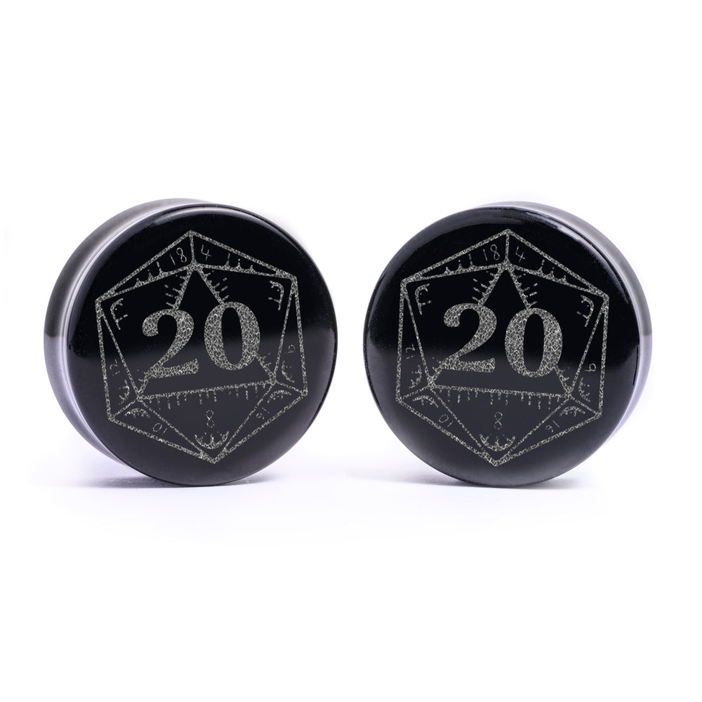 Nat20 Die D & D Plug / Gauge - Schwarzes Glas | Doppelaufgeweitet mit flachem Gesicht